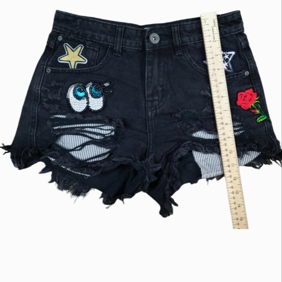 GoGo Jeans USA Cut Off Denim Shorts Size 1 High Rise Black Distressed Patches - Picture 8 of 9